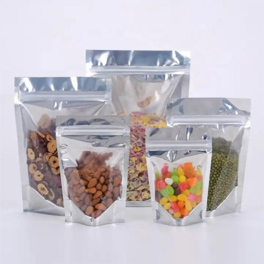 Glossy Stand-Up Barrier Pouches (Clear Front, Silver Back) – 200 Pieces