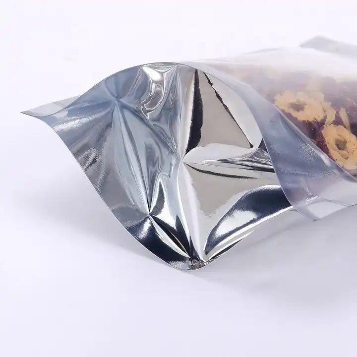 Glossy Stand-Up Barrier Pouches (Clear Front, Silver Back) – 200 Pieces