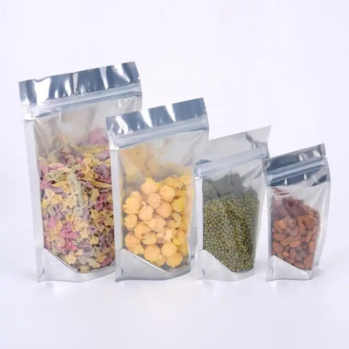 Glossy Stand-Up Barrier Pouches (Clear Front, Silver Back) – 200 Pieces