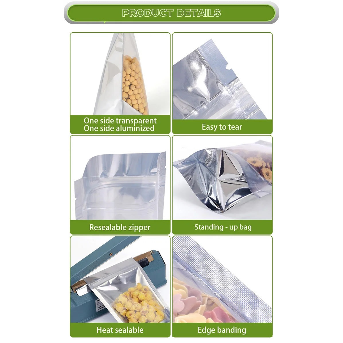 Glossy Stand-Up Barrier Pouches (Clear Front, Silver Back) – 200 Pieces