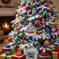 Load image into Gallery viewer, ALT Text: Fully decorated Christmas tree featuring colorful ornaments, lights, snow globe baubles, wrapped gifts, and realistic artificial snow dusting.