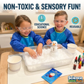 Load image into Gallery viewer, Kids playing with non toxic fake snow in a classroom sensory bin building a mini snowman