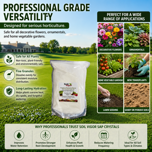 Soil Vigor Fine Potassium Polymer packaging with application benefits for better water retention in various horticultural uses.