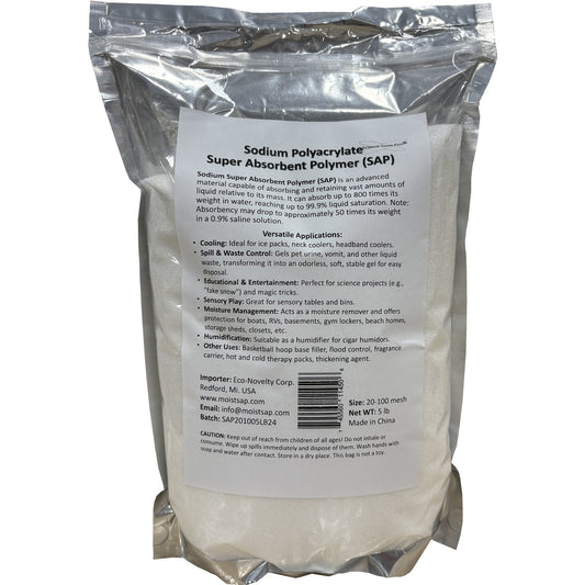 A 5-pound bag of MoistSAP Sodium Polyacrylate Large Granules, professional-grade super absorbent polymer for industrial and commercial liquid control.