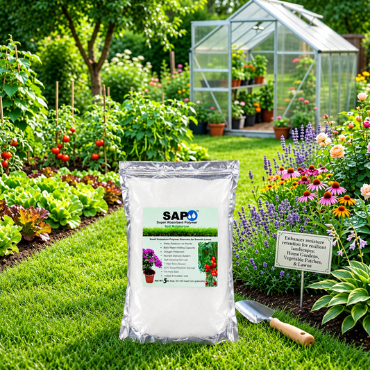 Super Absorbent Polymer Soil Moisturizer in a garden setting, promoting moisture retention for plants.