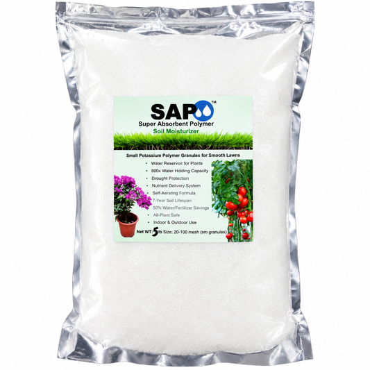 Super Absorbent Polymer Soil Moisturizer 5lb bag, water-saving soil granules for plants and gardens.