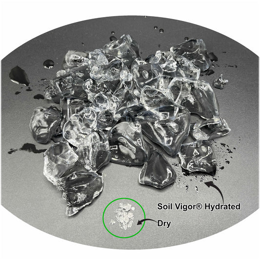 Soil Vigor potassium crystals comparison: dry granules vs. fully hydrated water-storing gel.