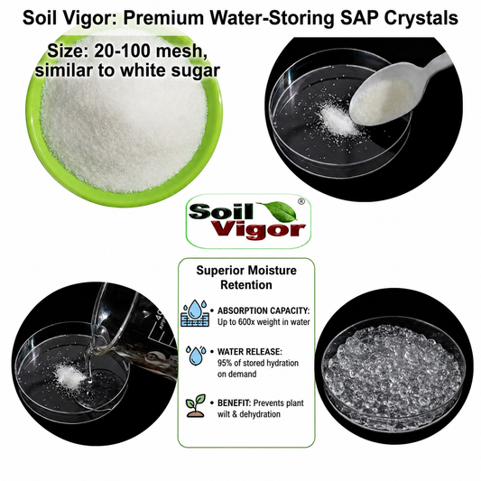 Soil Vigor Fine Potassium Polymer - Premium Water-Storing SAP Crystals for soil moisture retention and plant health.
