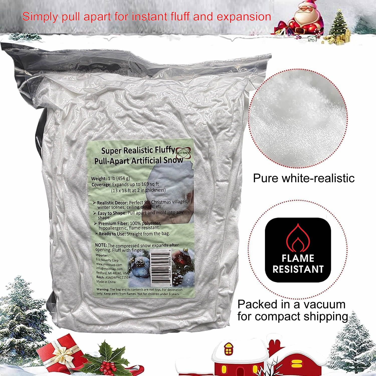 Ultra-Realistic & Fluffy Artificial Snow | Flame-Resistant Pull-Apart Decor (1 Lb Pack)