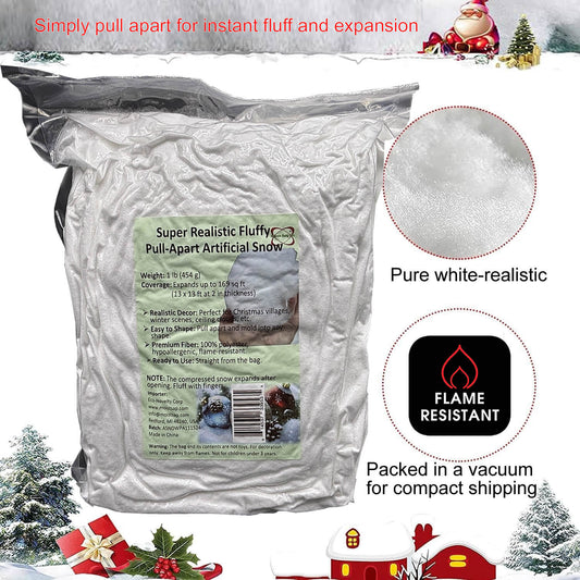 Pull-Apart Fluffy Artificial Snow – Ultra-Realistic, Flame-Resistant 1 Lb Pack in Vacuum-Sealed Bag