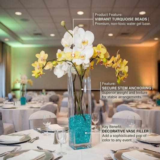 Elegant wedding centerpiece featuring a glass vase with white and yellow orchids anchored by vibrant turquoise water gel beads. Includes infographic text callouts highlighting the non-toxic base, secure stem anchoring for stability, and decorative vase filler benefits.
