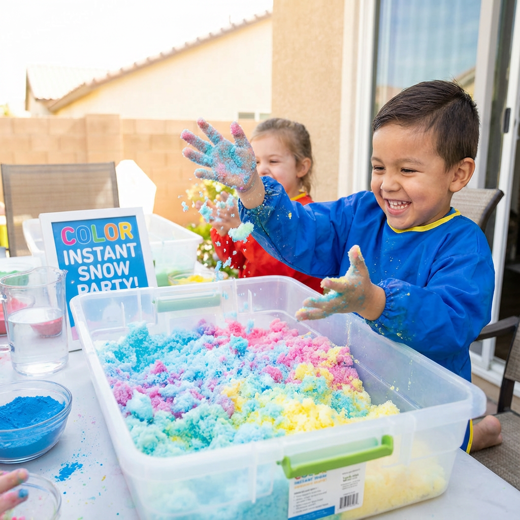 A child enjoys a hands-on color instant snow party activity using the educational STEM kit from Moistsap.com.