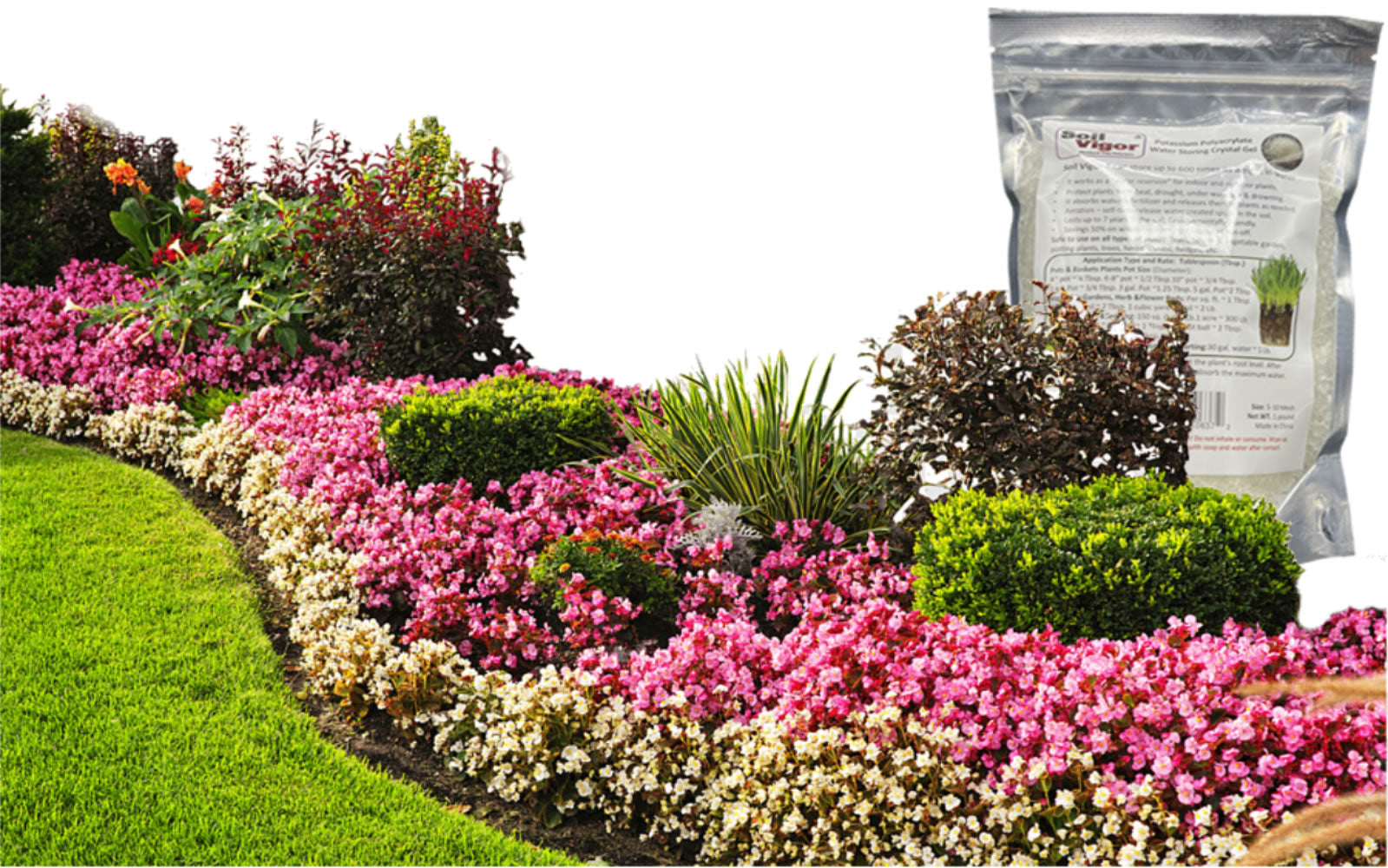 Soil Vigor® Super Absorbent Polymer package placed in a flower garden and smooth grass, enhancing soil moisture retention for healthier plants and lawns.