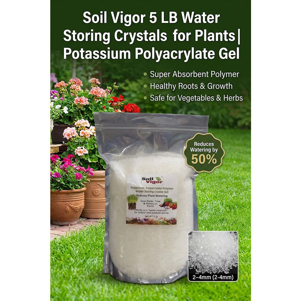 Soil Vigor 5 LB water storing crystals in packaging with flowers, promoting plant health and water conservation.