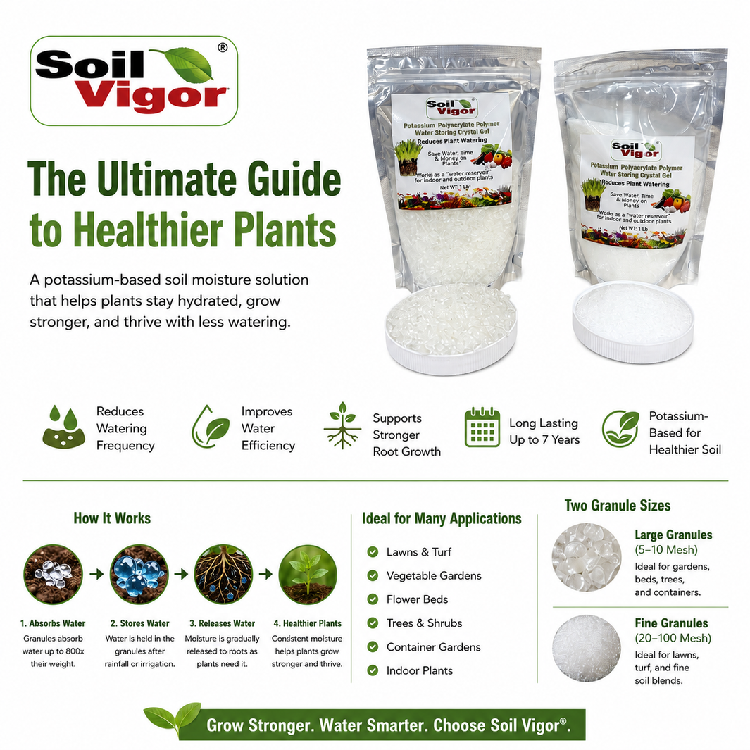 Soil Vigor® water-storing crystal gel for improved soil moisture retention and healthier plants.
