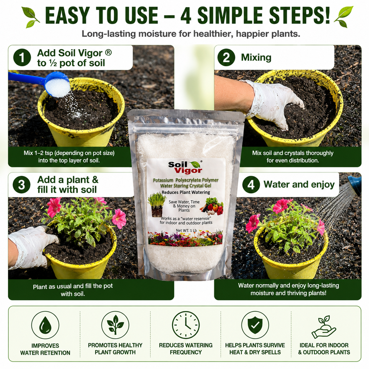 Step-by-step guide for using Soil Vigor Fine Potassium Polymer for better water retention in plants.