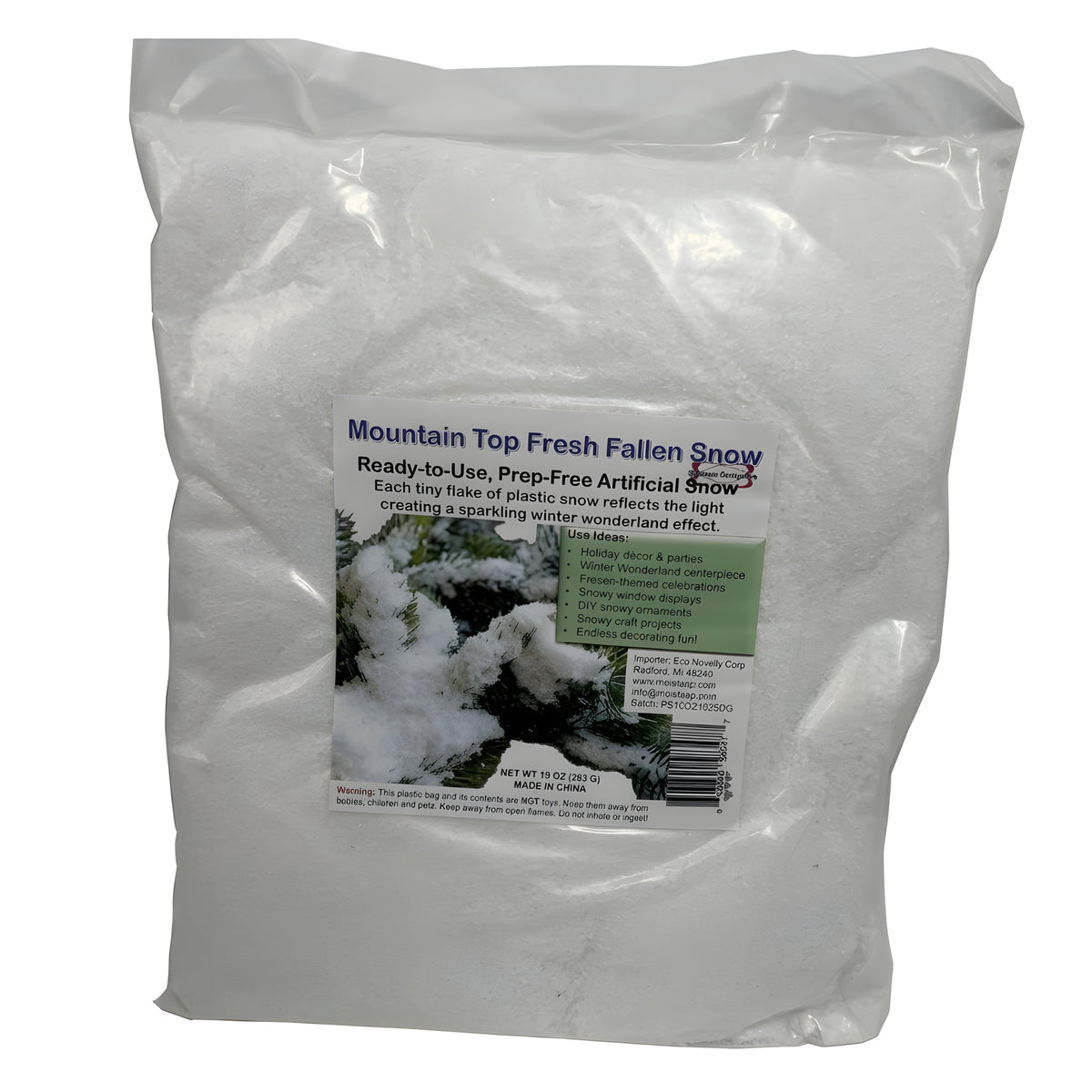 Clear plastic bag of Mountain Top Fresh Fallen Snow artificial snow flakes for holiday decorating and winter crafts.