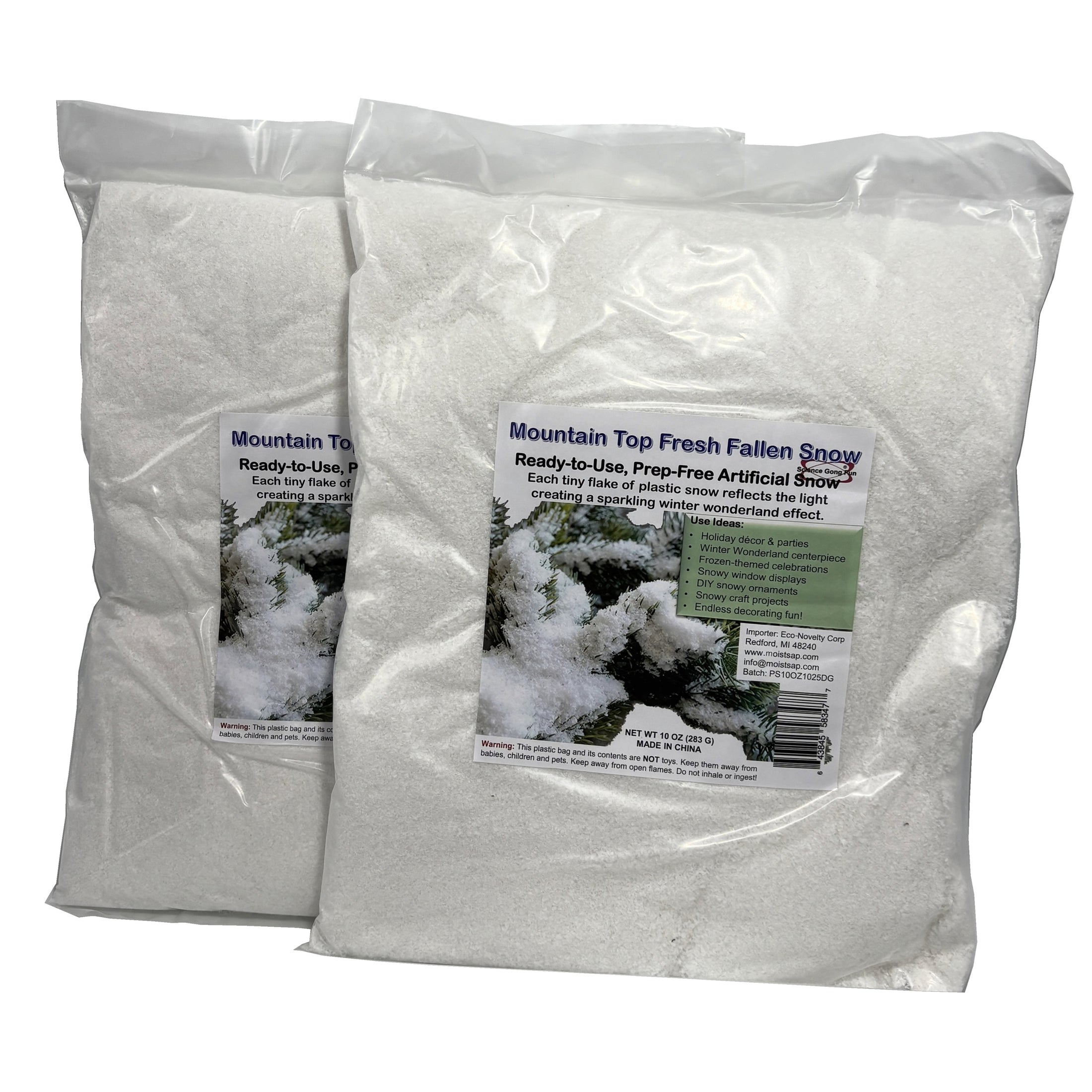2-Pack packaging of Professional Quality Artificial Snow Flakes for holiday decorating