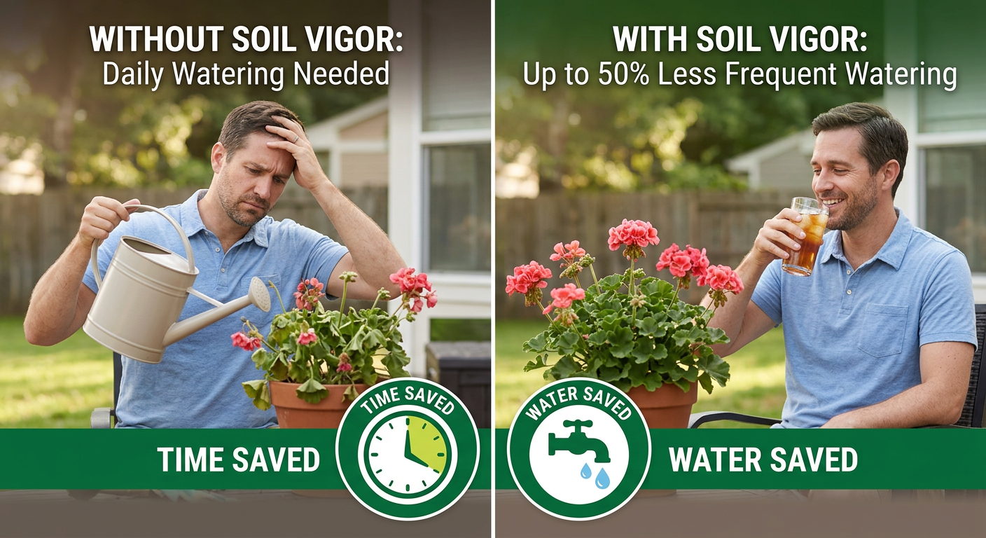 Comparison of plant care with and without Soil Vigor Fine Granules Water Storing Crystals for Plant.