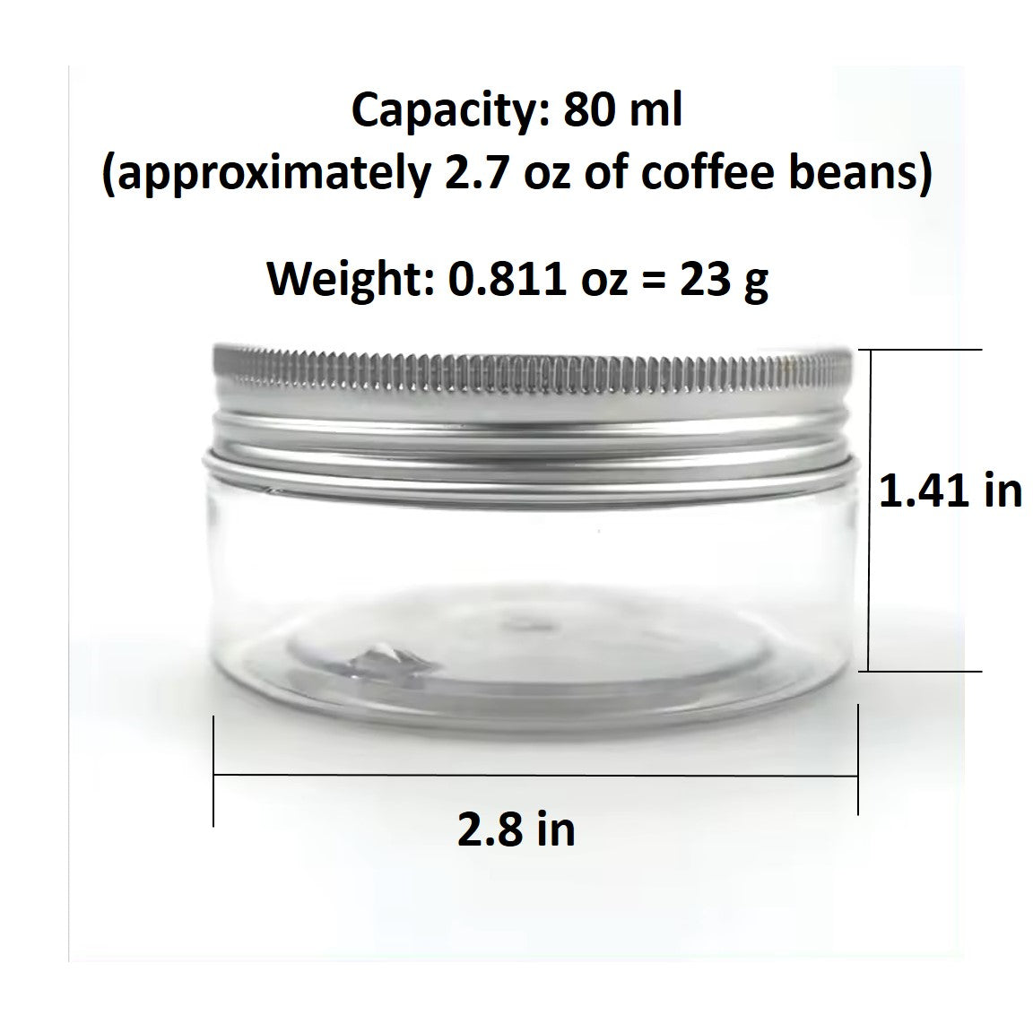 Clear PET Jars with Perforated Aluminum Lids size and capacity dimension chart.