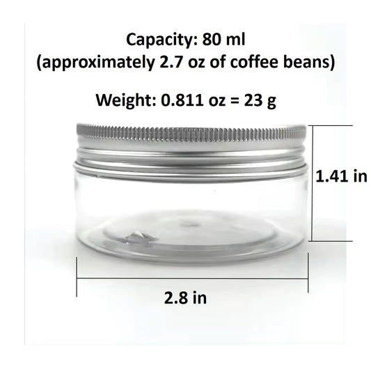 Clear PET Jars with Perforated Aluminum Lids size and capacity dimension chart.