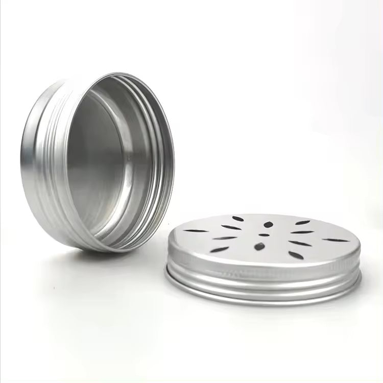 Clear PET Jars with Perforated Aluminum Lids close-up view of perforated aluminum caps.