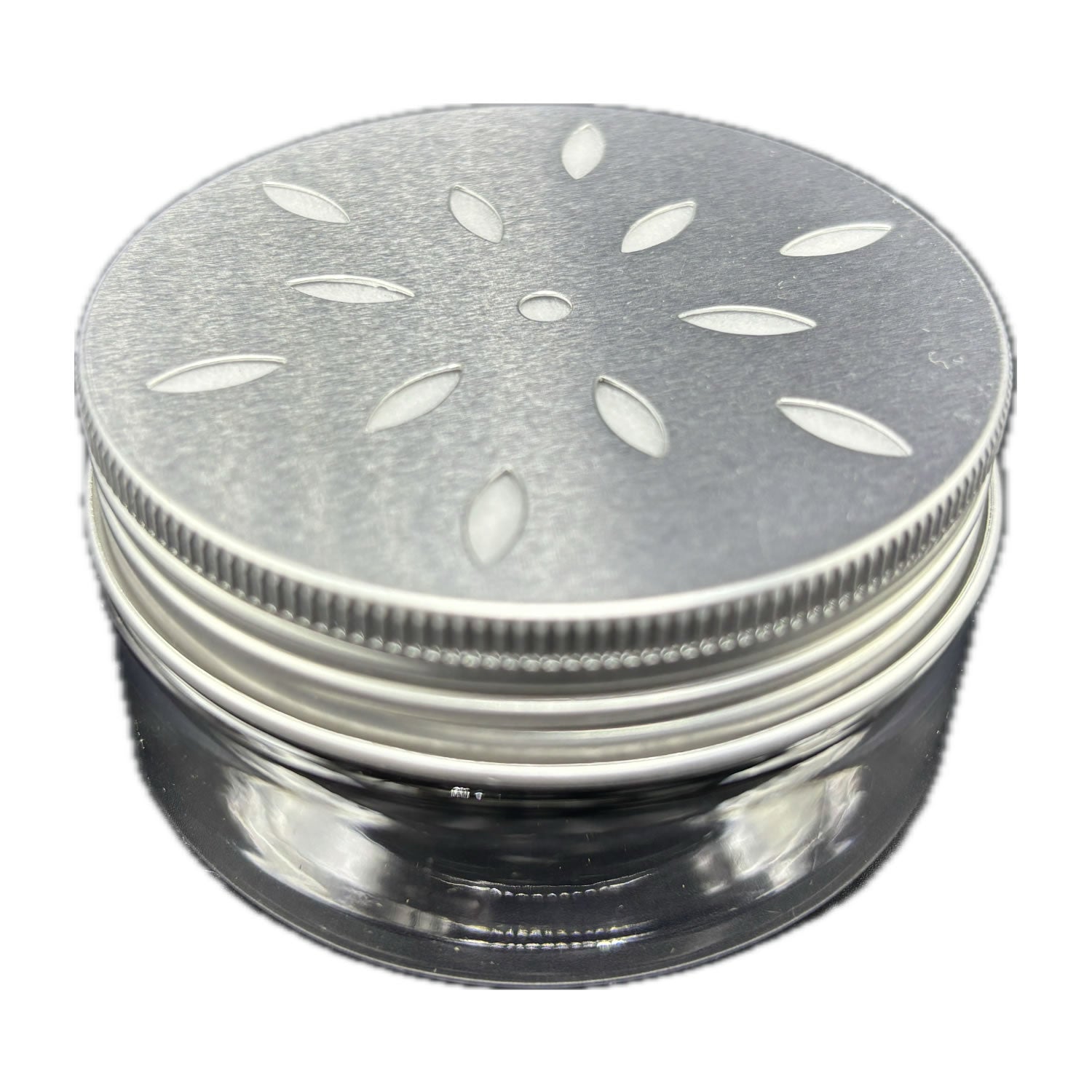 Clear PET Jars with Perforated Aluminum Lids angled top view highlighting dispensing holes.