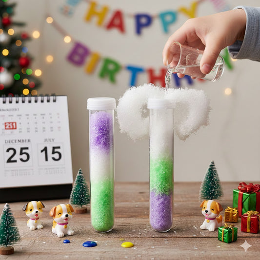 A child pours water into a test tube, causing an eruption of colorful instant snow. The scene is decorated for a festive celebration, with a "Happy Birthday" banner and gifts, showcasing the product as a fun and educational science activity for kids' parties.