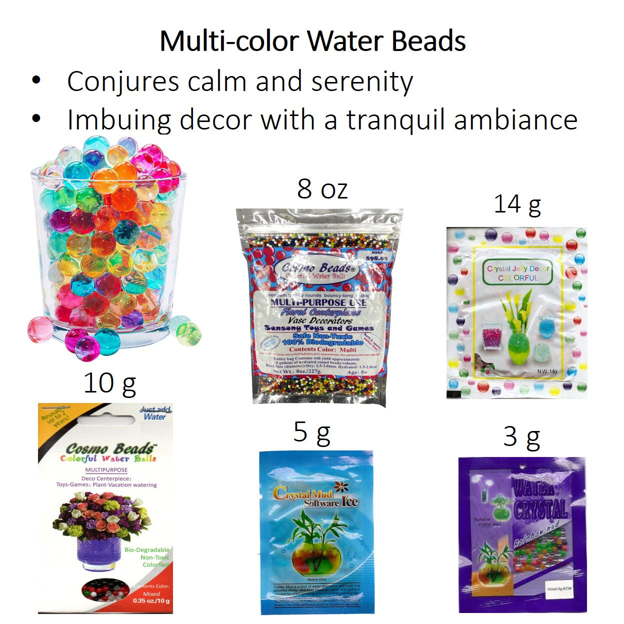 Cosmo Beads Multi-Color Water Beads in various packages showcasing vibrant colors for decorative use and creative projects.