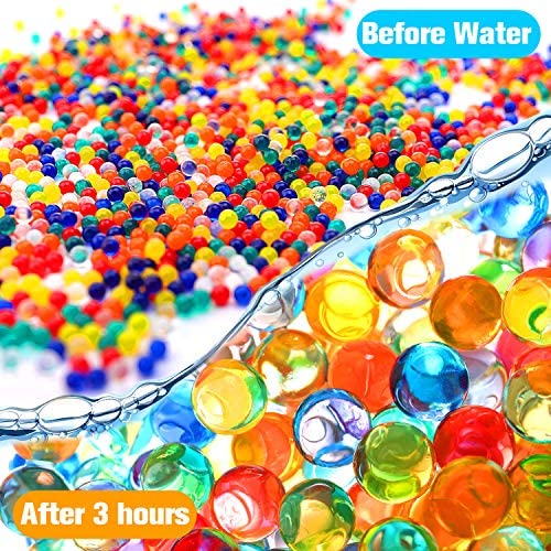 Cosmo Beads Multi-Color Water Beads displayed before and after 3 hours of water absorption, showcasing dramatic color and expansion.