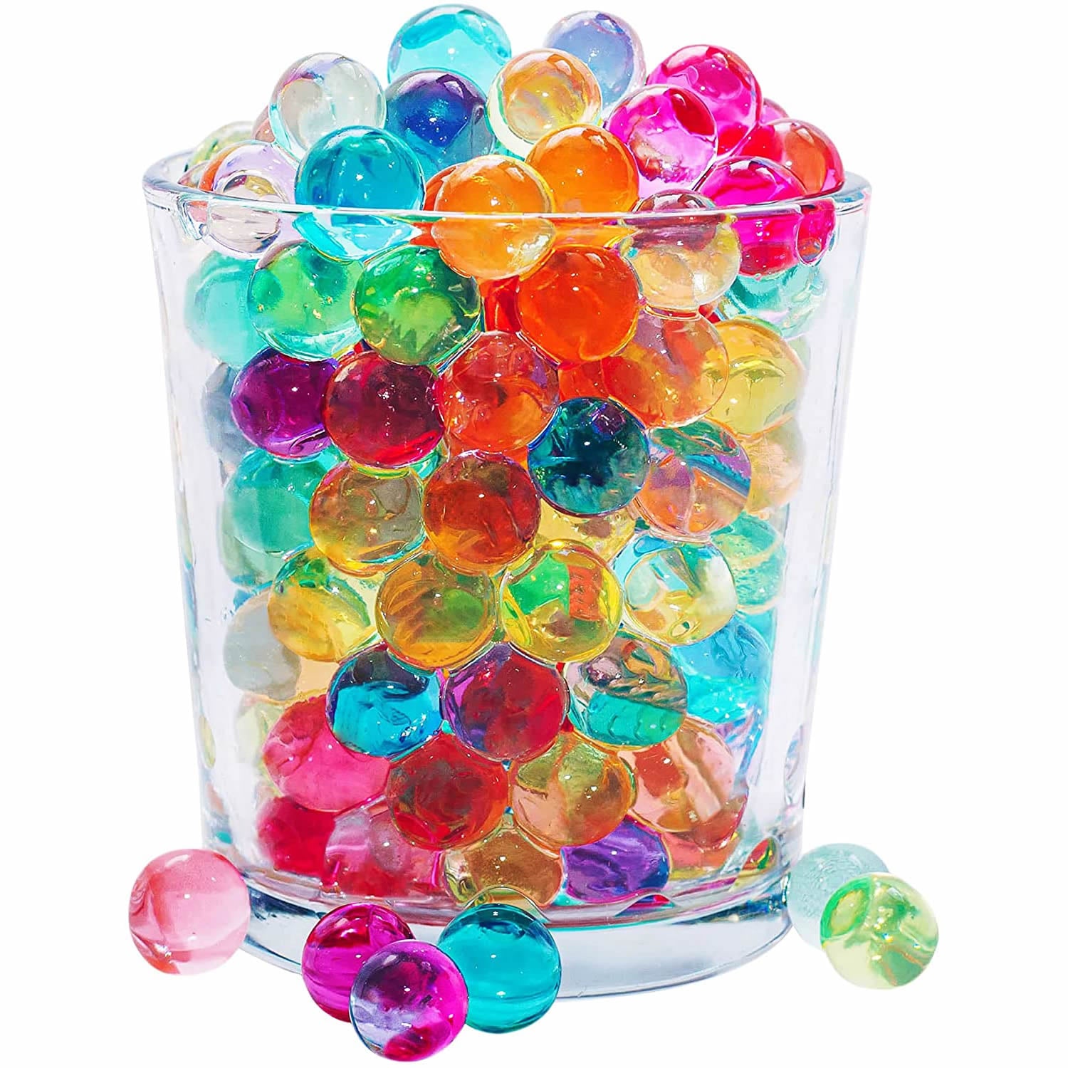 Cosmo Beads Multi-Color Water Beads in a glass cup showcasing vibrant colors and glossy, translucent spheres.