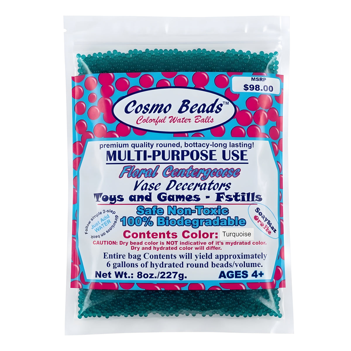 An 8 oz package of Cosmo Beads dry turquoise water gel beads against a seamless pure white background, showing product labeling and net weight.