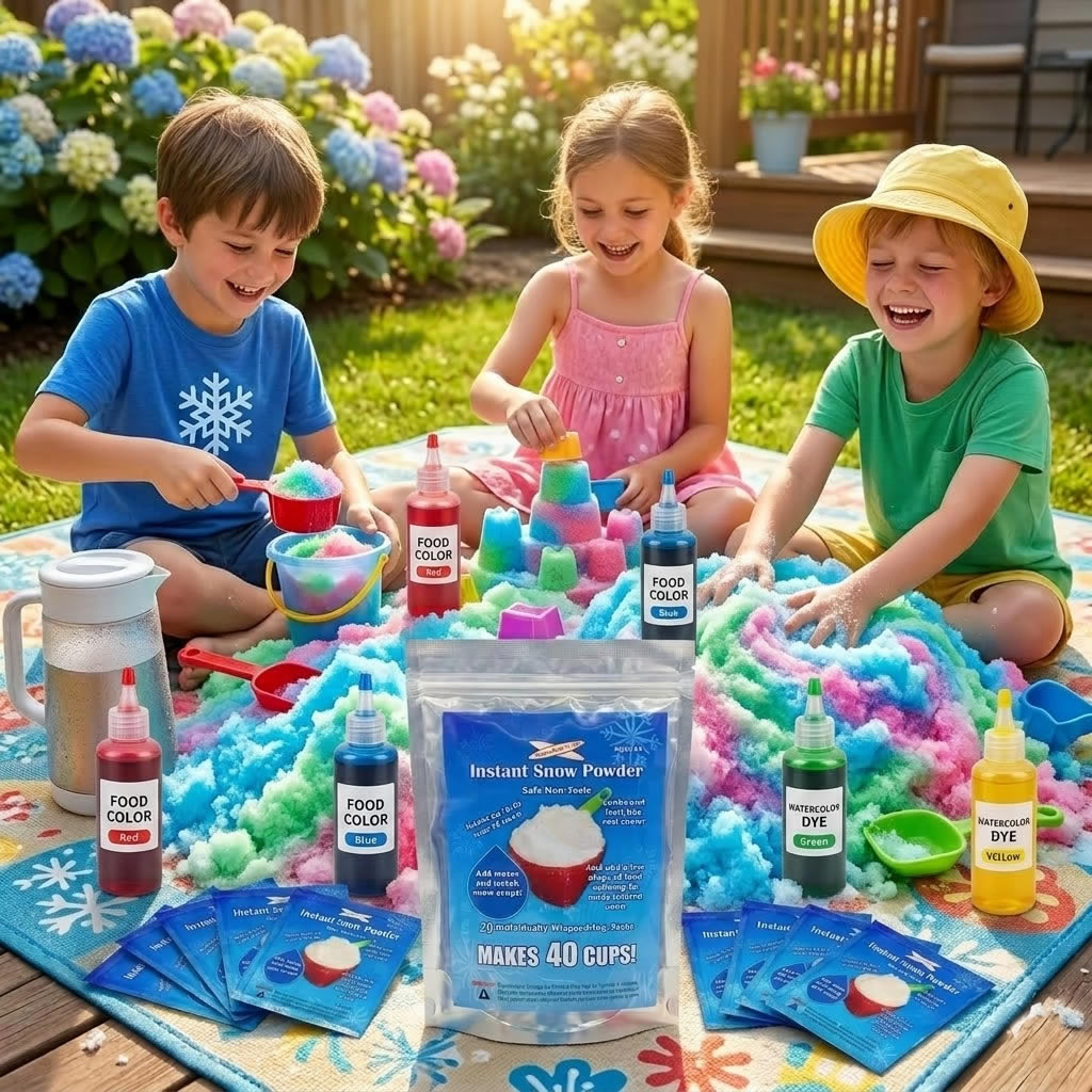 Children playing with colorful dyed artificial snow outdoors on a backyard patio