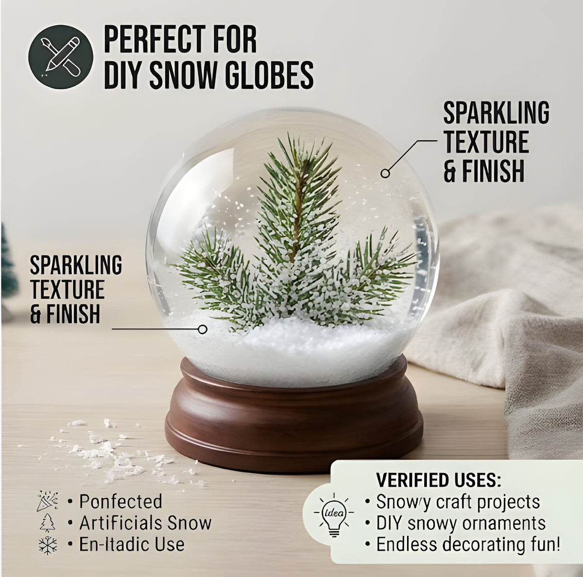 Demonstrating artificial snow used for creating miniature winter village scenes and crafting DIY snow globes.

Image 7: