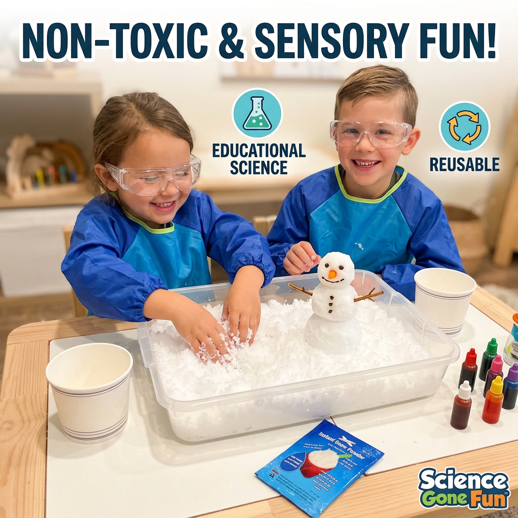 Kids playing with non toxic fake snow in a classroom sensory bin building a mini snowman