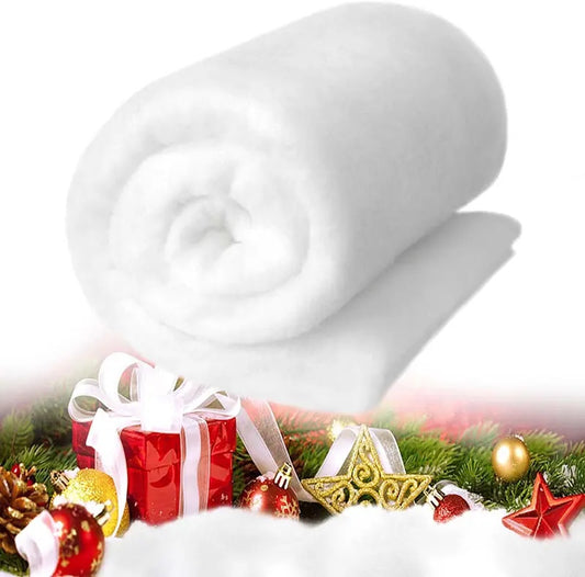 Ultra-Realistic Flame-Retardant Snow Blanket displayed with holiday decorations, ideal for festive winter displays.