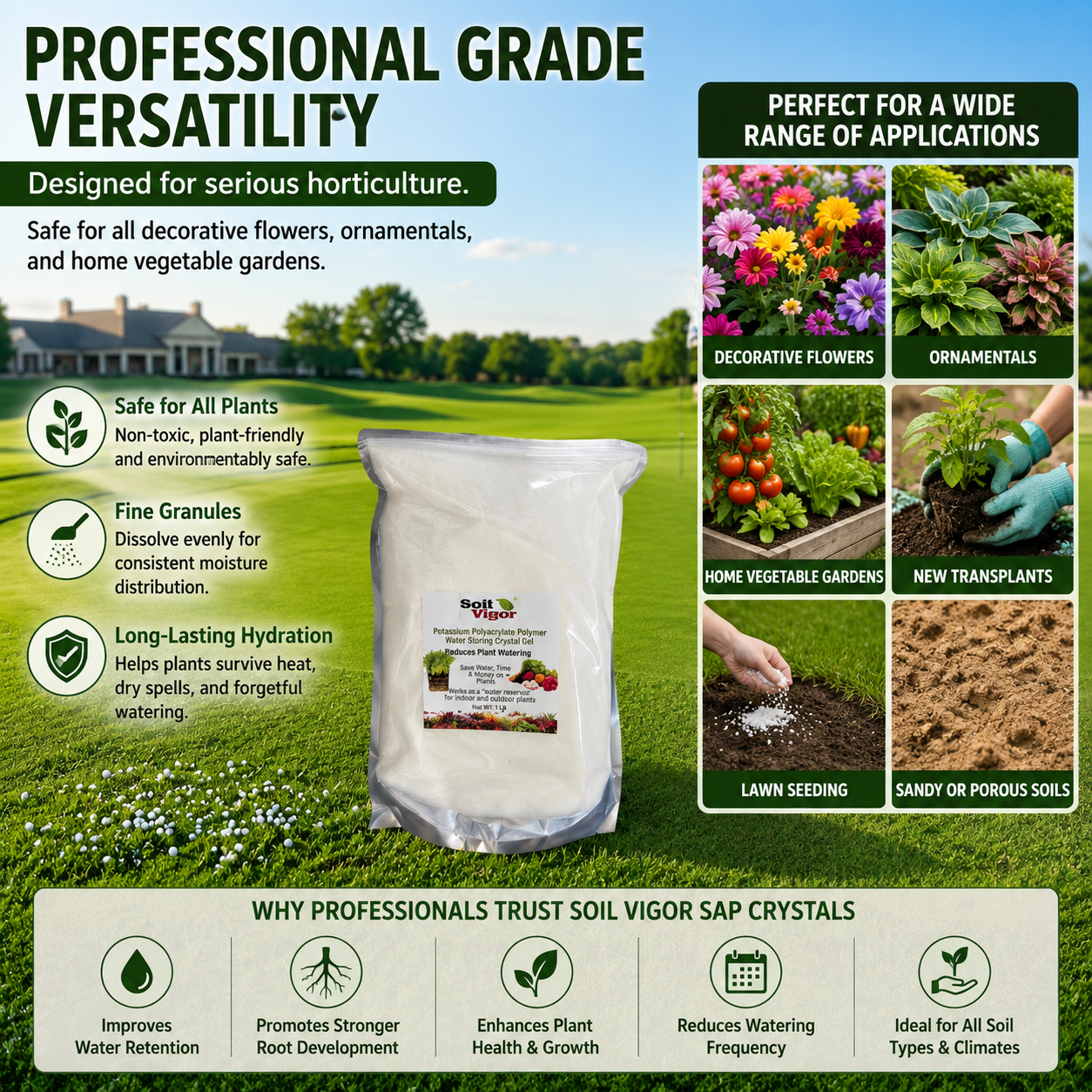 Soil Vigor Fine Potassium Polymer packaging with application benefits for better water retention in various horticultural uses.