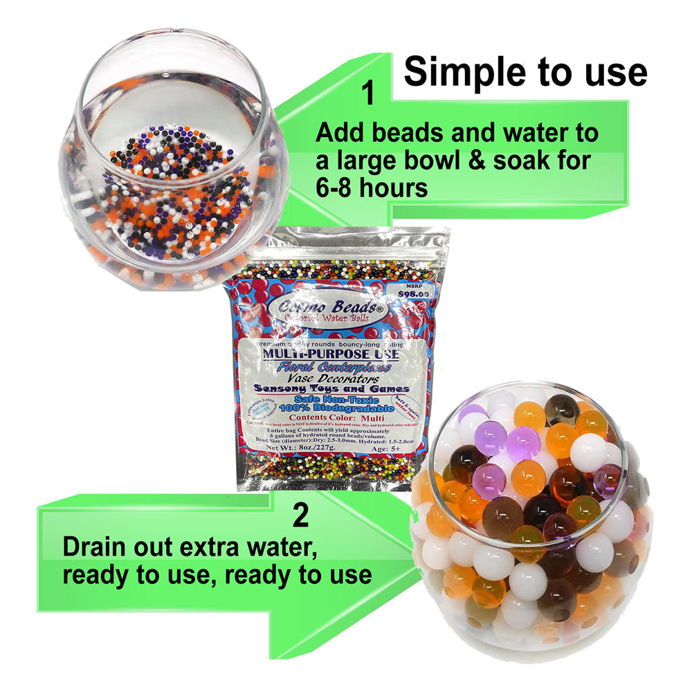 Cosmo Beads Multi-Color Water Beads instructions showing how to soak and drain for use in decorative projects.