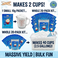 Load image into Gallery viewer, Bulk instant snow powder yield chart showing 1 pack makes 2 cups of snow
