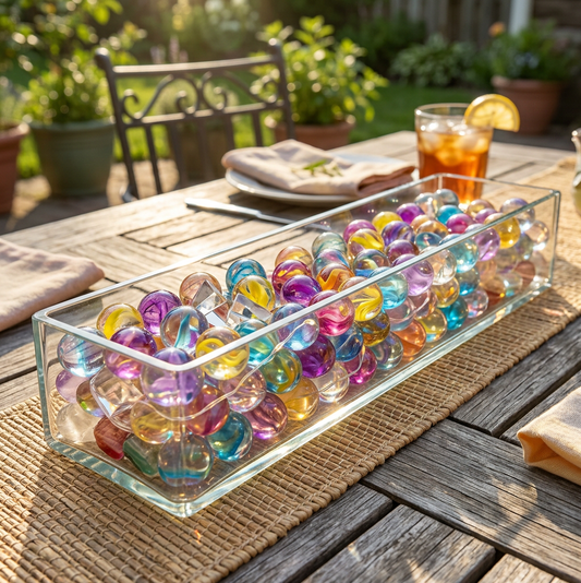 A stunning outdoor summer party centerpiece featuring a clear glass vase filled with vibrant, colorful Marbled Vein Water Beads, set on a garden table.