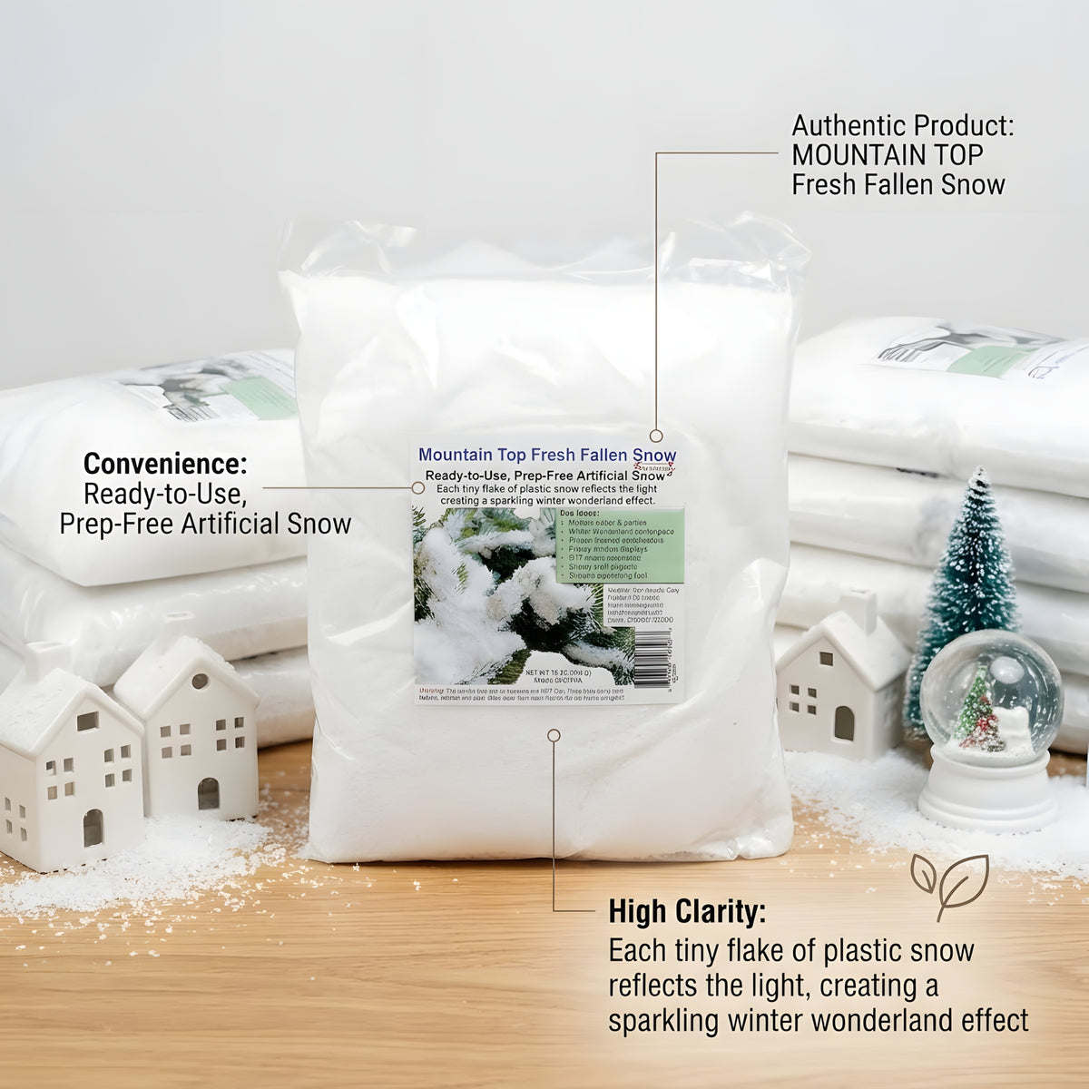 Package of ready-to-use Mountain Top Fresh Fallen Snow displayed next to miniature ceramic holiday houses and a snow globe