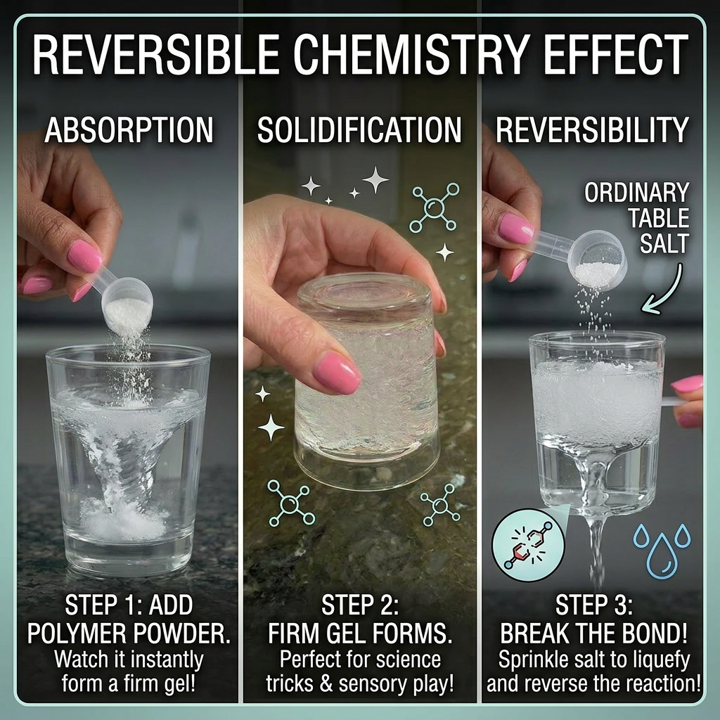 Demonstration of Super Absorbent Diaper Polymer showing absorption, solidification, and reversibility in 3 steps.