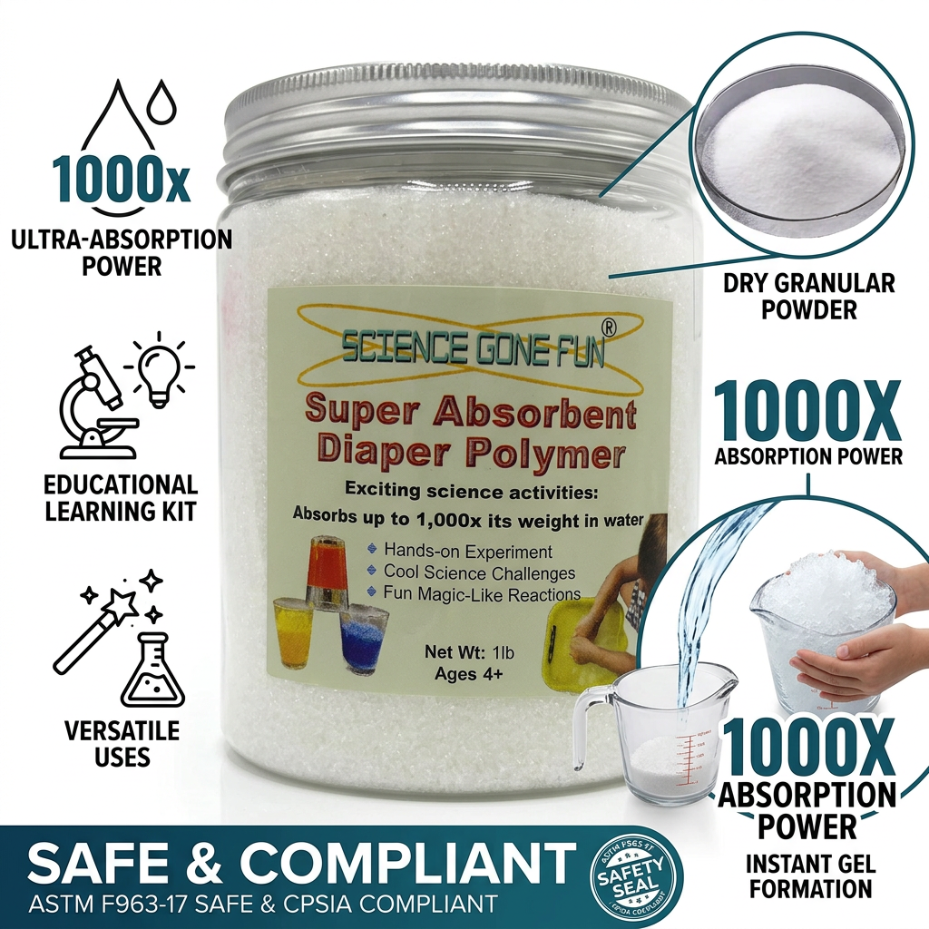 Super Absorbent Diaper Polymer 1 lb jar showcasing its 1000x absorption power for educational science activities.