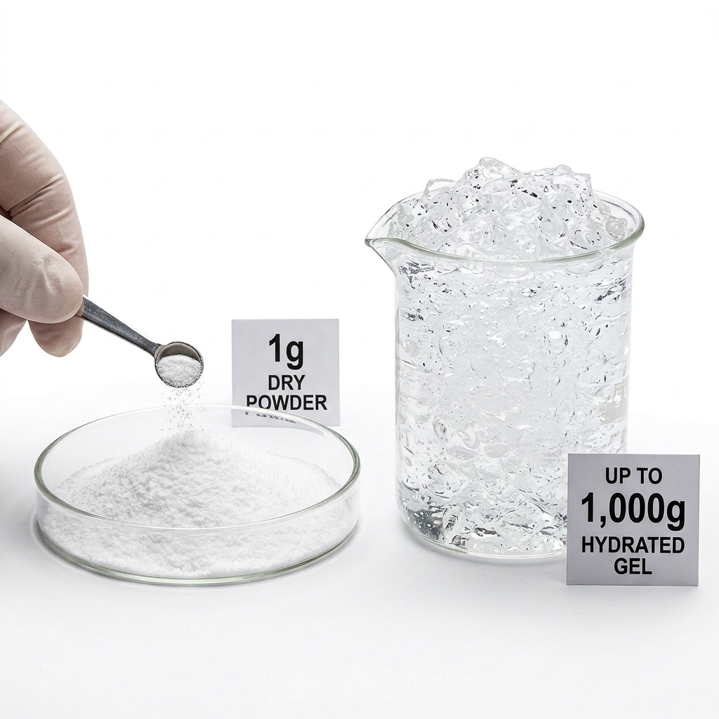 Super Absorbent Diaper Polymer dry powder transforming into hydrated gel demonstration with measurements.