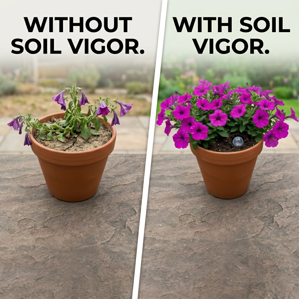 Comparison of plants: one wilting without Soil Vigor and one flourishing with Soil Vigor Fine Granules Water Storing Crystals for Plant.