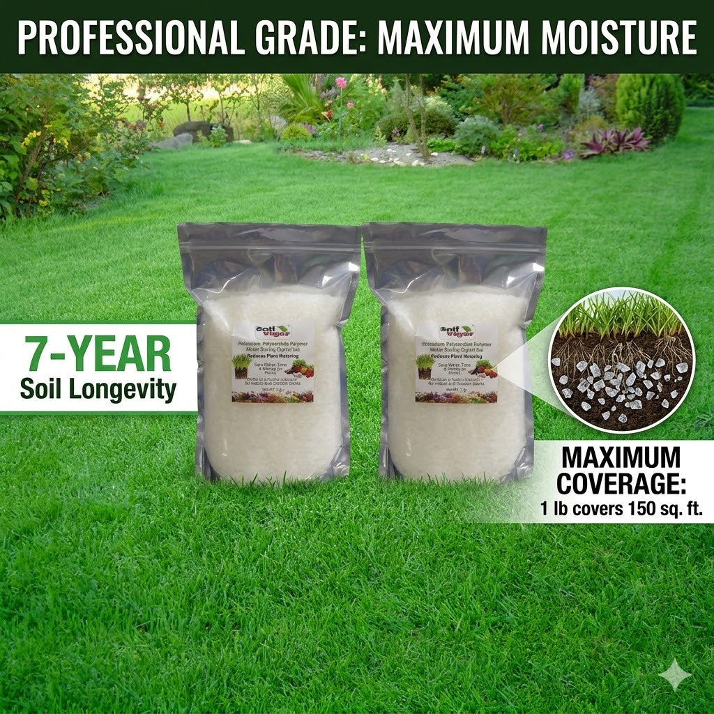 Soil Vigor Fine Granules Water Storing Crystals for Plant packaging displayed on grass promoting maximum moisture and soil longevity.