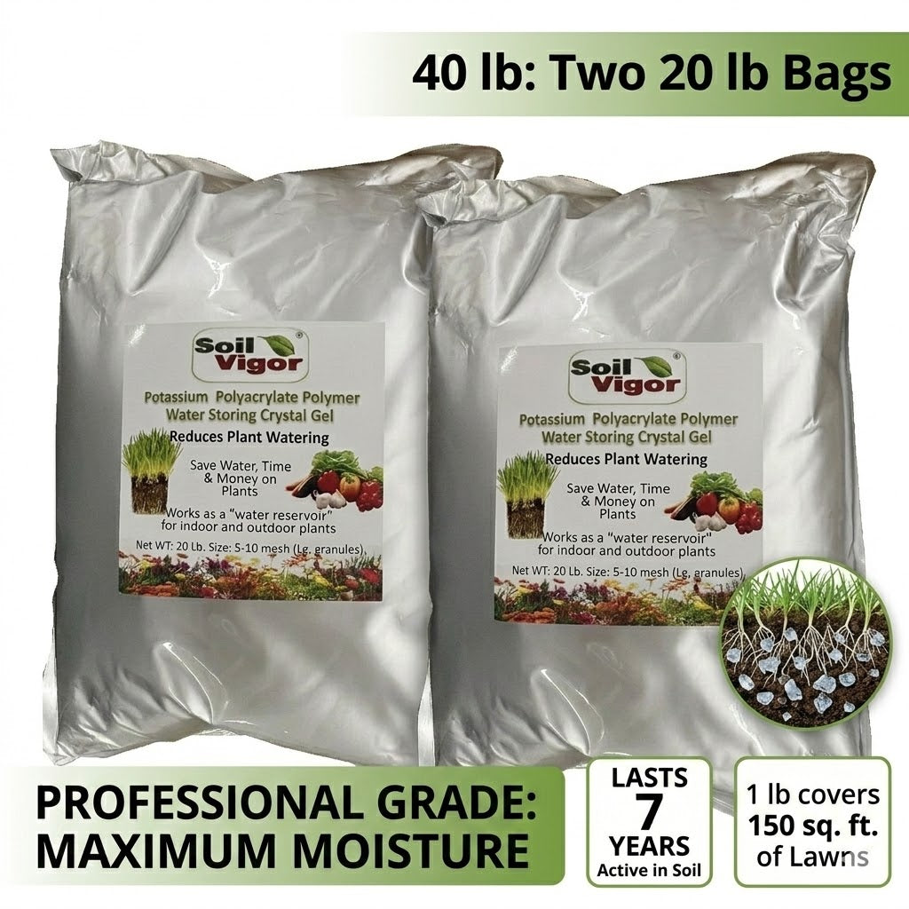 Soil Vigor Fine Granules Water Storing Crystals for Plant 40 lb, two 20 lb bags for improved soil hydration and plant health.