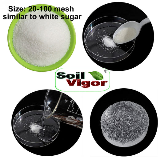 Soil Vigor Fine Granules Water Storing Crystals for Plant displayed in various forms, showcasing size and texture.