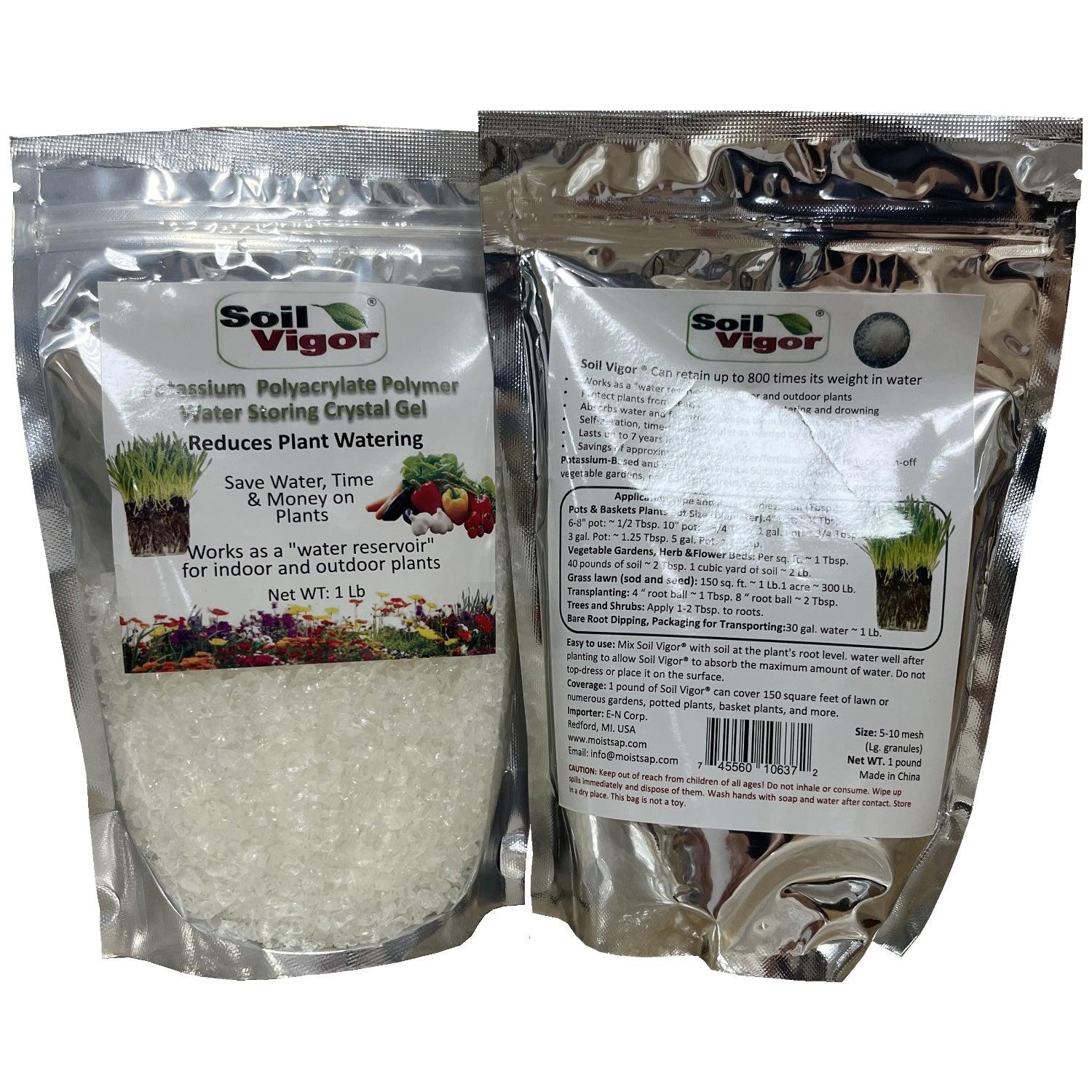 A 2lb bag of Soil Vigor® Large Granules potassium-based water-storing crystals, designed for soil moisture retention in gardens and potted plants.