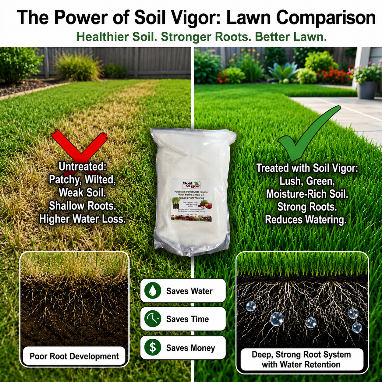 Soil Vigor Fine Potassium Polymer lawn comparison showing improved soil health and root systems for better water retention.